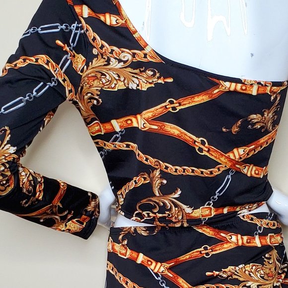 Touch Me Black/Bronze Chain Print One Shoulder Blouse with Asymmetric Skirt SZ L - Picture 8 of 9